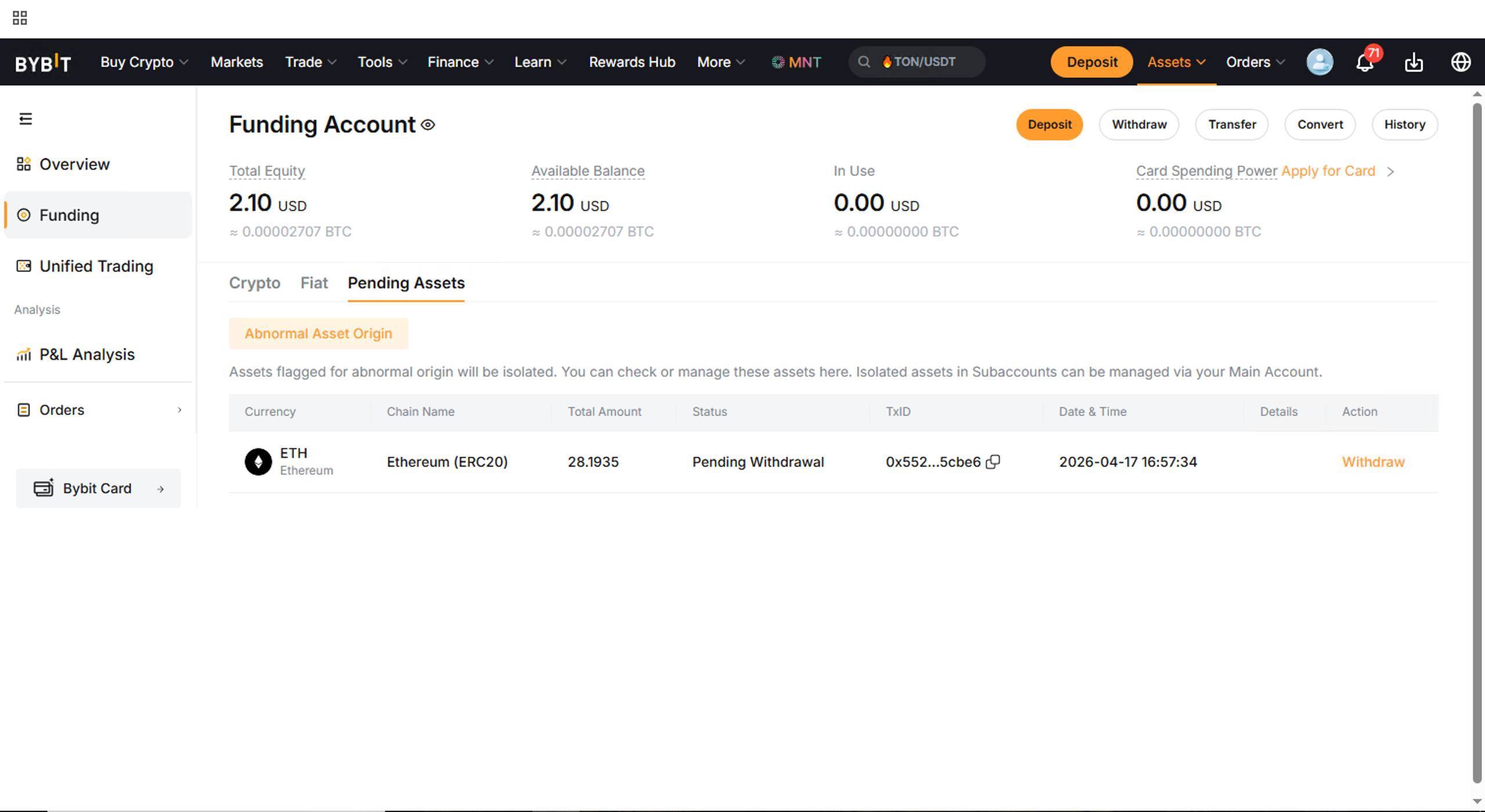 Кабінет Bybit: вкладка Pending Assets з ізольованим ETH