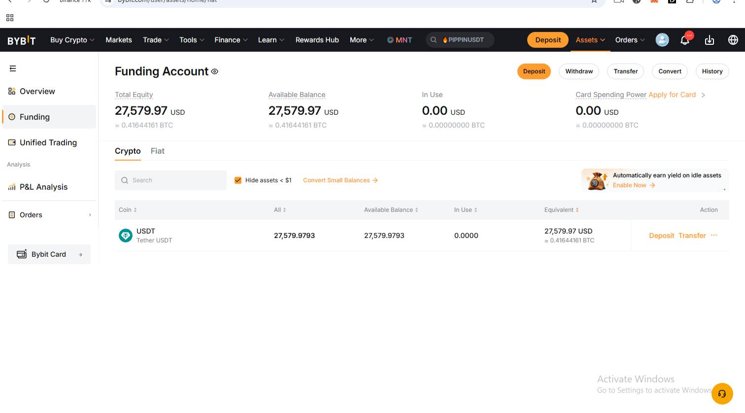 Bybit dashboard: 27 579 USDT on balance, withdrawal available again