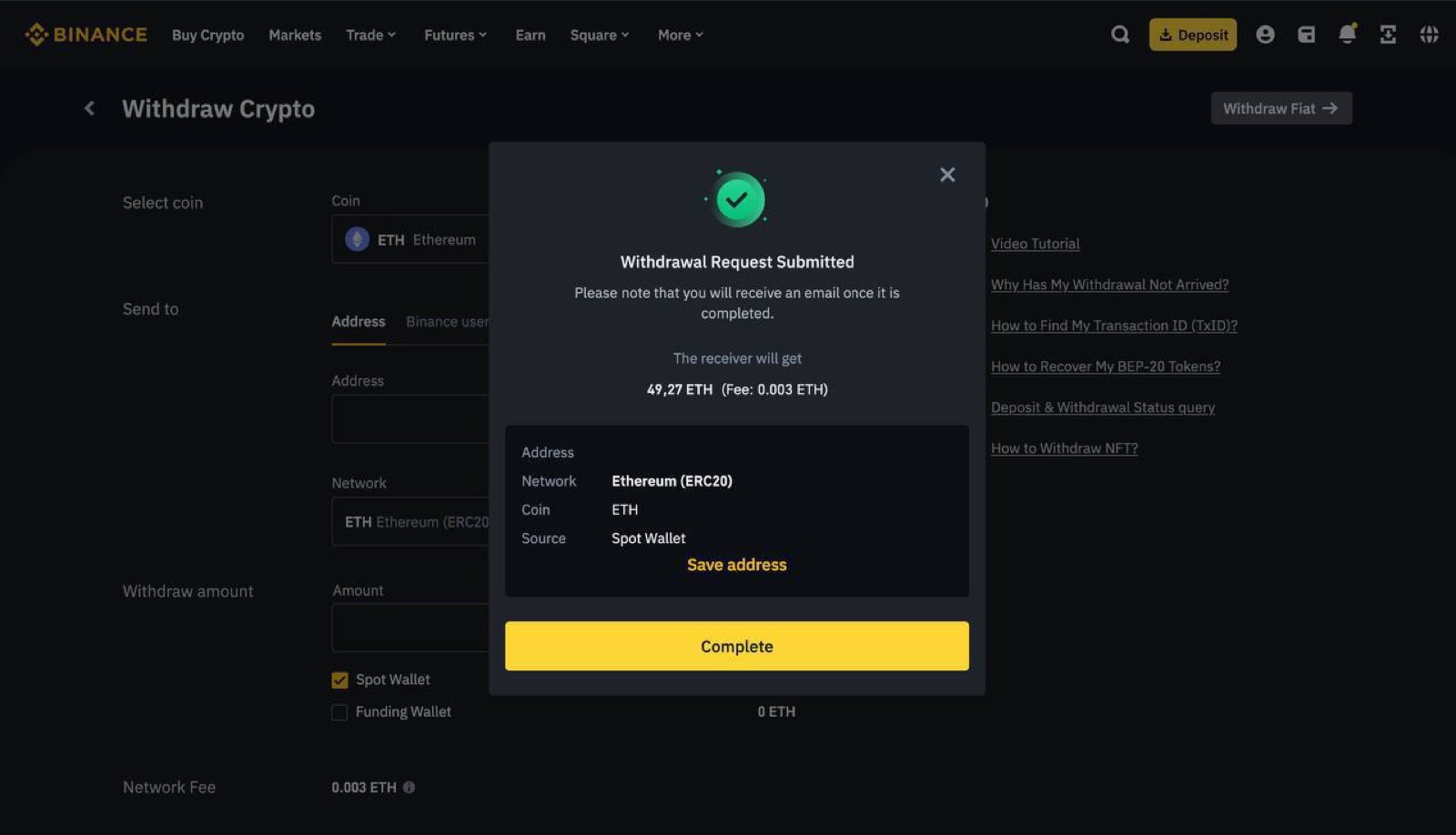 Binance dashboard: withdrawal of 49.27 ETH after account recovery