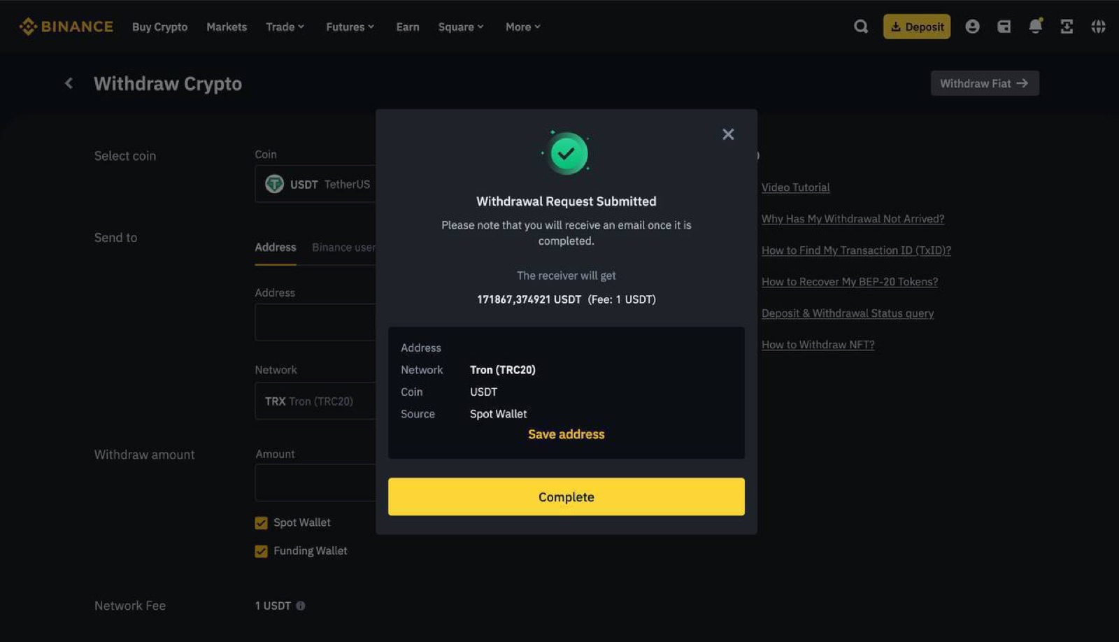 Кабінет Binance: підтверджений вивід 171 867 USDT після відновлення доступу
