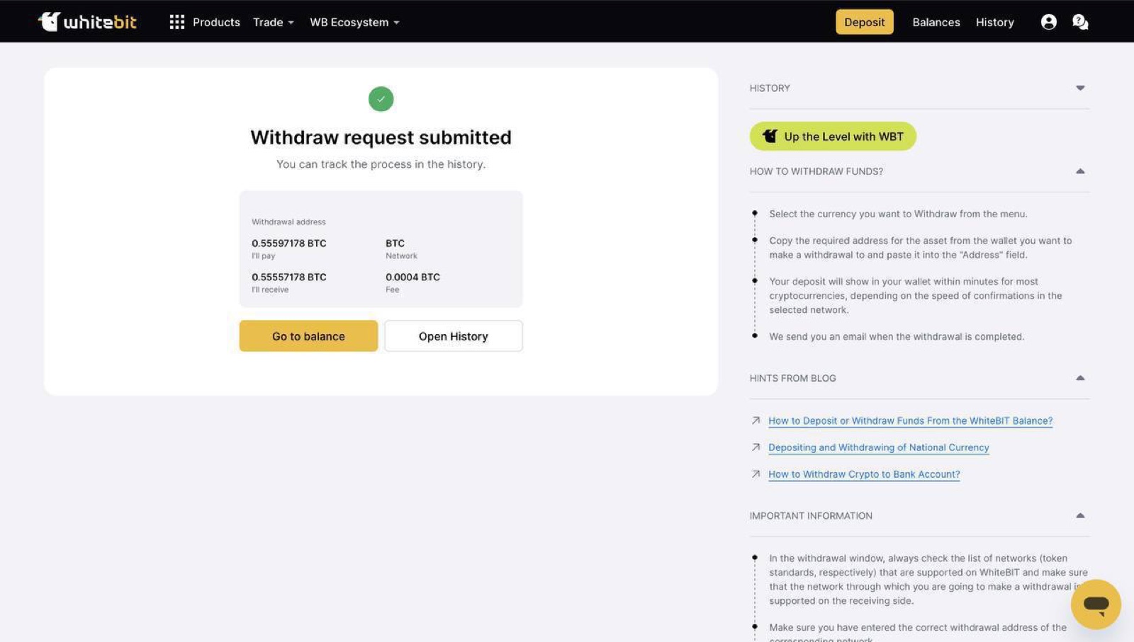 Кабінет WhiteBIT: заявку на вивід BTC підтверджено після зняття блокування